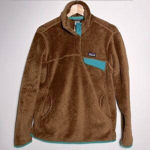 Patagonia Fleece 1/4 Button Pullover Sweater, Brown with Teal Accents